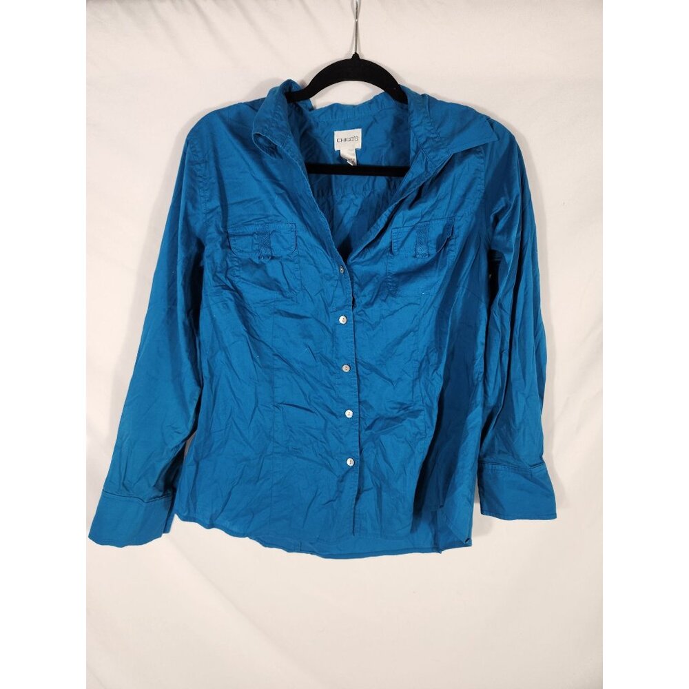 Nwot Chico's 2 Womens Button Up Shirt Fine Cotton Teal Blue Classic Career US/12